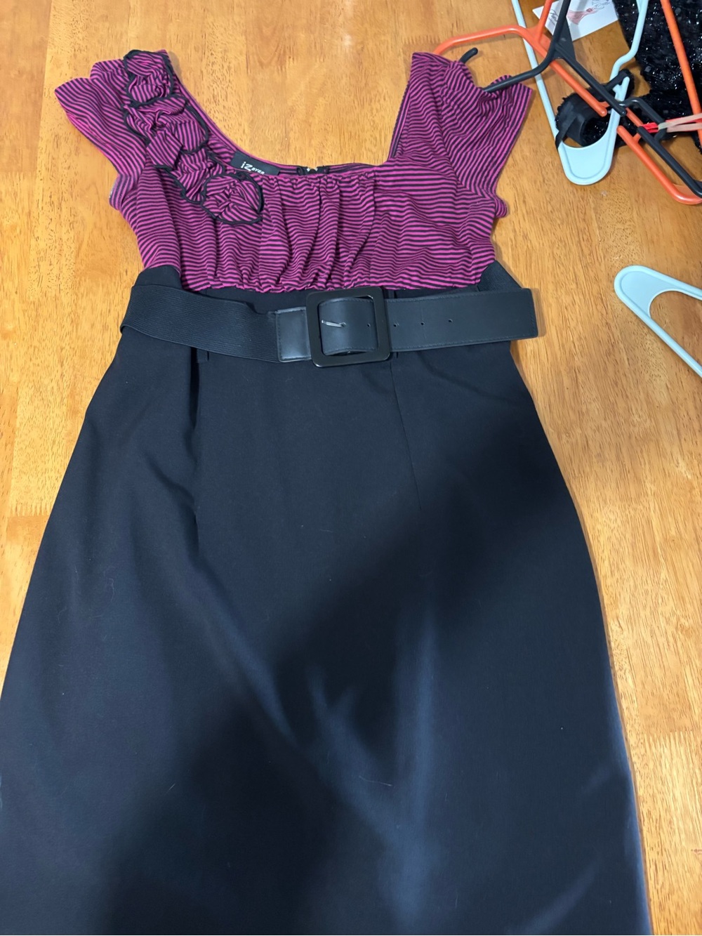 Black Pencil Skirt with Magenta Stripe Bodice and Belt